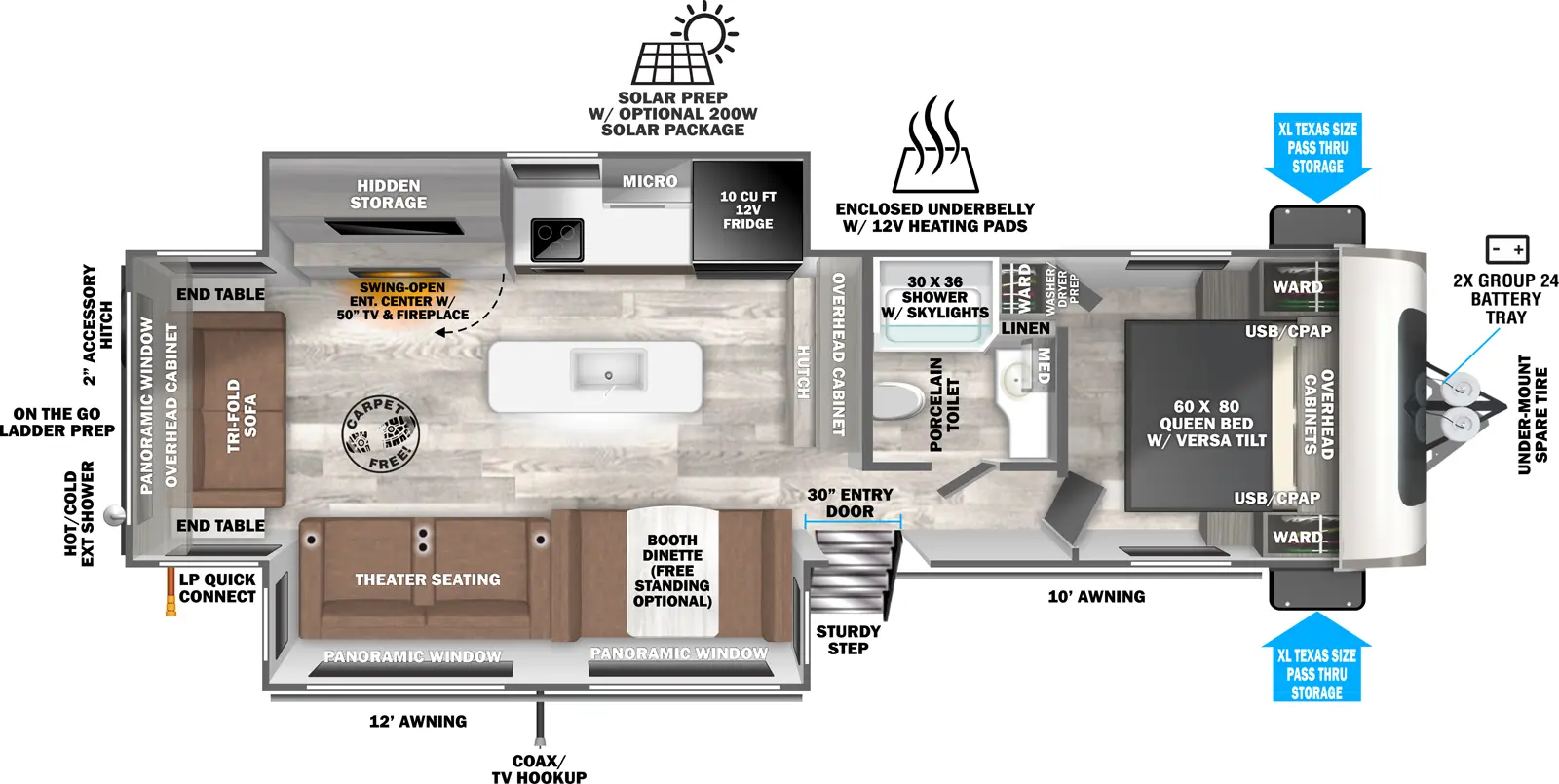 The Hemisphere Travel Trailers 271RL has one entry and two slide outs. Exterior features include: fiberglass exterior and 10' & 12' awning. Interiors features include: kitchen island, free-standing dinette option, front bedroom and rear living.